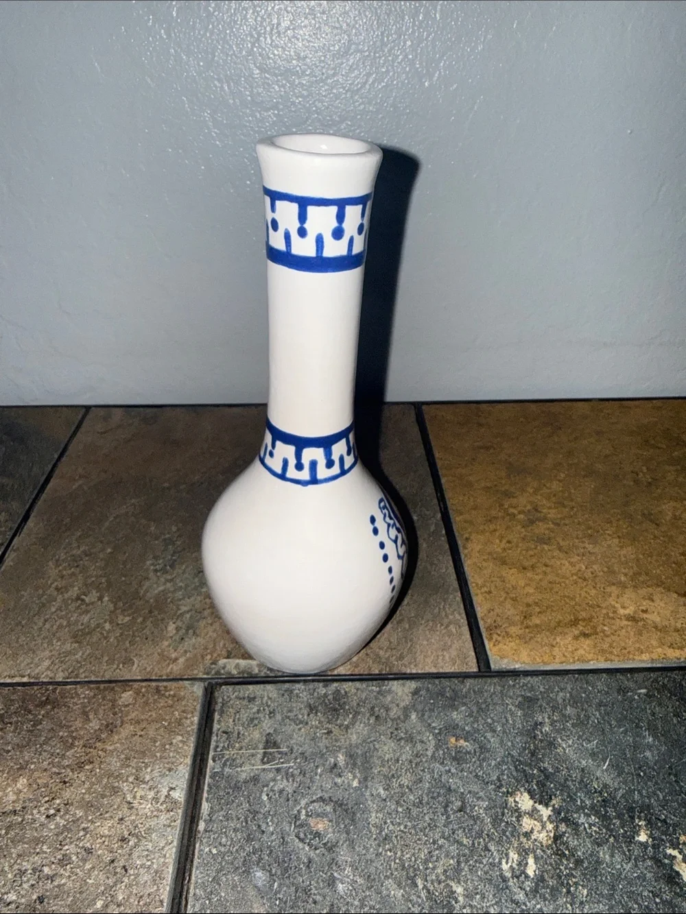 Hand Painted Blue and White Ceramic Bud Vase Folk Art Geometric Pattern 7.5